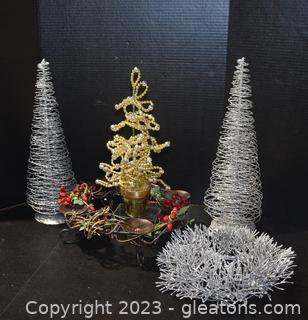 Silver Glitter Wire Trees and Wreath - Silver & Gold Bead Tree and  Metal Candle Ring 